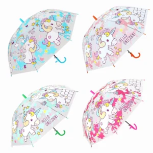 Modern Design Cute Unicorn Semi-Automatic Open 19” Dome Shape Transparent Clear Straight Umbrella for Kids Children