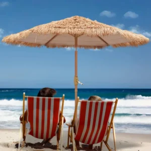 Modern Design Garden Central Pole Straw Parasol Plastic Raffia Straw Foldable Outdoor Beach Umbrella