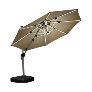 Modern Design Solar Powered LED Patio Umbrella 3m Windproof Offset Deck for Garden Pool Courtyard Heavy Duty Waterproof Base