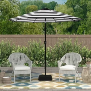 Modern Extra-Large UV-Protection Windproof Round Patio Umbrella Parasol Black and White Striped Crank Handle with Base
