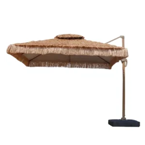 Modern Foldable Sunshade Beach Umbrella with Tassels and Granite Base for Hotel Swimming Pool and Courtyard