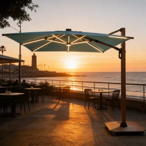 Modern Garden Offset Umbrella All Aluminum Waterproof Outdoor Furniture Patio Parasol 360 Rotation Base Rechargeable LED System