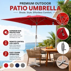 Modern Garden Square Big Size Red Center Pole Sun Umbrella with Lights for Warehouse & Supermarket Outdoor Use