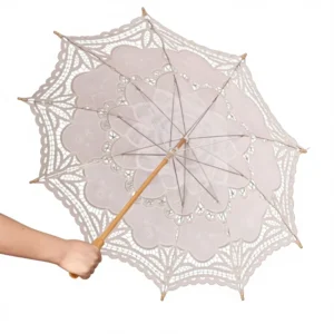 Modern Handmade Wooden White Lace Large Straight Wedding Parasol Plain Lace Umbrella