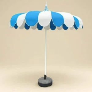 Modern Minimalist Pagoda Pavilion Umbrella with Steel Frame, Polyester Canopy, Blue Green White, Manual Crank