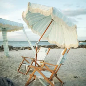 Modern Outdoor Beach Umbrella with Green White Fiberglass Canopy and Wood Pole for Courtyard or Hotel