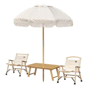 Modern Outdoor Beach Umbrella with Wood Frame, Portable Folding Table and Kermit Chair Set
