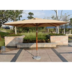 Modern Outdoor Rectangle Patio Umbrella with Wood Pole, Aluminum Frame, and Steel Center Pillar for Beaches, Hotels, Parks, and Gardens