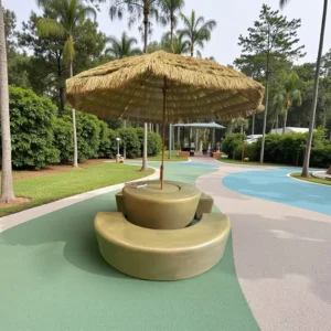 Modern Outdoor Round Table and Chair Set Waterproof Umbrella Durable Timber Look Plastic Bench for Kids Picnic & Outdoor Events