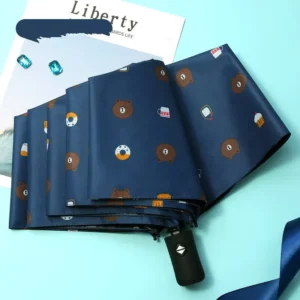 Modern Plastic 3-Fold UV Protection Automatic Folding Umbrella Cartoon Bear 8 Ribs Iron Shaft 95cm Promotional Logo