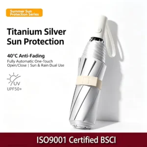 Modern Silver Super Sun Protection Umbrella UPF50+ 99% UV Blocking 3 Fold 8 Ribs Auto Open Close 110cm Glass Fiber Ribs Parasol