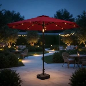 Modern Solar Powered Foldable Patio Umbrella 2.3m LED Lighted Market Parasol Crank Lift Tilt Waterproof Fabric for Hotel Garden