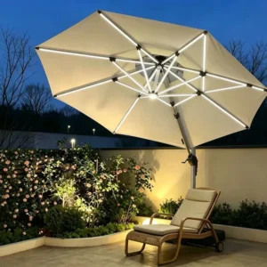 Modern Solar Powered Patio Umbrella with LED Lights Push Button Tilt Waterproof Outdoor Garden Parasol Beach Pool
