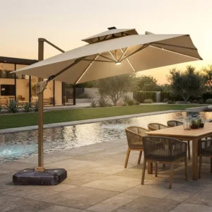 Modern Solar Powered Waterproof Patio Umbrella with LED Lights Push Button Tilt Wood for Parks Hotels and Beaches