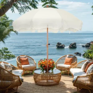 Modern Swimming Pool Sunshade Umbrella, Outdoor Wooden Pole, 2m, Fringed Beach Umbrella