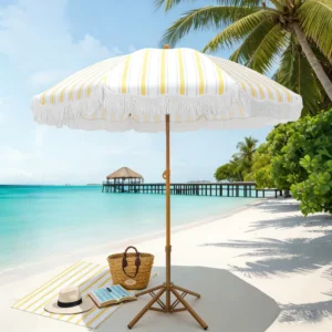 Modern Waterproof Foldable Striped Beach Umbrella with Tassel for Hotel Outdoor Use