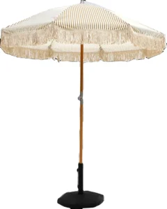 Modern Waterproof Outdoor Parasol Wood Pole Beach Umbrella with Tassel Custom Solid Color Courtyard