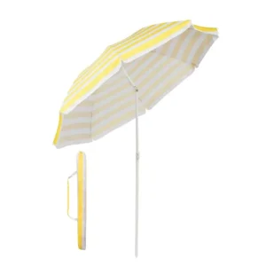 Modern White-Yellow Stripes Anti-UV Sun Shade Canopy 160cm Diameter Portable Folding Tilt Garden Beach Umbrella Polyester Fabric