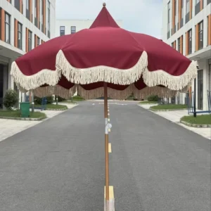 Modern Wood 1.8mr Fringed Outdoor Umbrella for Hotel & Dining Use
