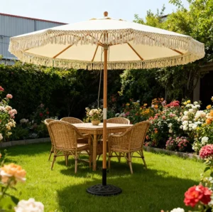Modern Wood Outdoor Cantilever Sunshade Patio Fringe Umbrella