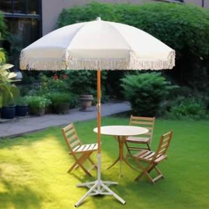 Multi Style Manual Straight Garden Beach Parasol Umbrella with Tassels Long Wood Handle Wind Reinforcement UV Protection
