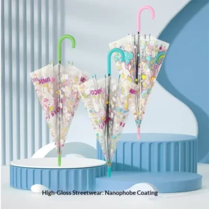 Nano-Coated Water-Repellent Printed Transparent Kids Umbrella Wind-Resistant Long-Handled