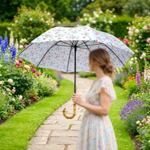 Natural Bamboo Parasol Ultralight Women’s Mini Straight Umbrella Flower Design Polyester