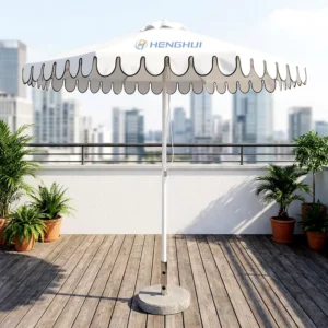 Natural White Handmade Wooden Fringe Parasol with Scallop Valance for Outdoor Garden, Patio, and Poolside