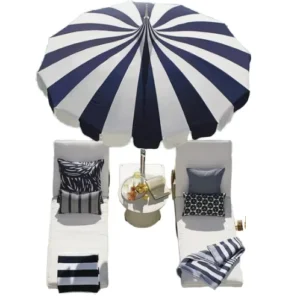 Navy and White Striped Stainless Steel Garden Beach Umbrella with UV Protection for Outdoor Patio