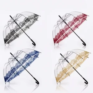 New Arrival 12 Ribs POE Transparent Umbrella with Lace Adoements for Rain Windproof Straight Umbrella