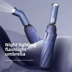 New Automatic LED Flashlight Dual-Purpose Multi-Functional Night Strong Light Windproof Sunscreen Folding Umbrella Modern