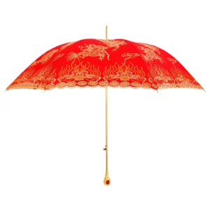 New Chinese Style Wedding Straight Long Handle Vintage Lace Embroidery Red Marriage Bridal Umbrella