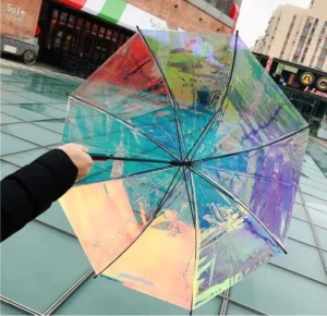 New Design Customized Colorful Transparent Straight Umbrella 23 Inch Semi automatic Shining Rainbow Film Clear Umbrella