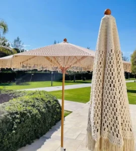 New Design Customized Handmade Tassels Woven Canopy Parasols With Macrame Fringe Wooden Beach Umbrella