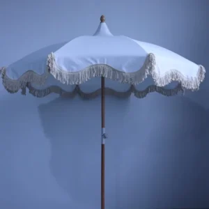 New Design Outdoor Sunshade Parasol White Fringe Pagoda Umbrella with Wood Frame for Beach Garden Cafe Outdoor Furniture
