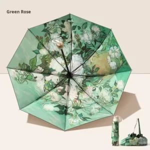New Double Layer Flower Print Triple Fold Manual Reverse Umbrella Black Steel Tube Anti UV Sunshade Portable Folding Umbrella