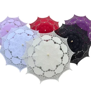 New Embroidery Lace Victorian Folding Manual Straight Umbrella with Wooden Handle High Quality Wedding Parasol for Adults