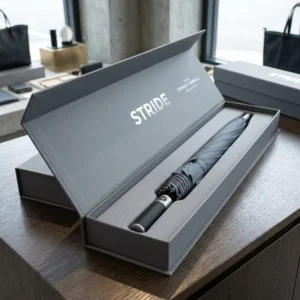 New Luxury Custom Logo Manual Premium Cool Grey Windproof 23 Inch Footwear Accessories Straight Umbrella with Box