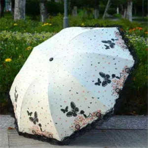 New Style Fashionable Black Coating Umbrella With Butterfly Lace Three Fold Sun UV Umbrella