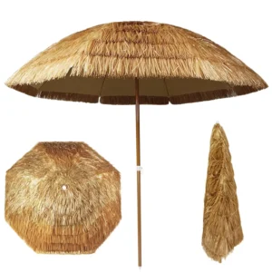 New Style Outdoor Manual Folding Artificial Grass Beach Umbrella with Iron Rod, Extra Large Camping Shade Canopy