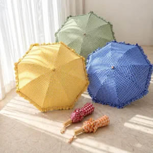 OEM Custom Logo Gingham Plaid Ruffle Edge Long Stick Wood Color Coating Handle Sun Rain Princess Umbrella for Women Girls Gift