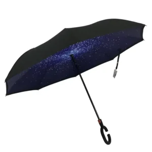 OEM Custom Logo Manual-Open Reverse Double-Canopy Straight Umbrella, Starry Galaxy Print, C-Handle, Anti-UV, Windproof