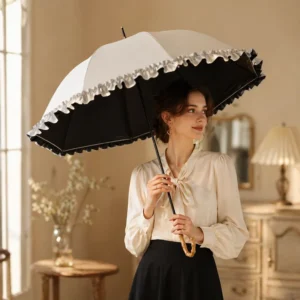 OEM Custom Logo Vintage Lace Princess Umbrella Ruffle Edge Wooden Hook Handle Manual Open Wedding Parasol for Women Girls