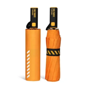 OEM Fully Automatic Steel Fiberglass Young Design Umbrella Yellow Orange Three-Folding Rainy