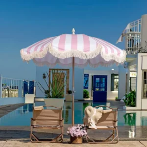 OEM Macrame Beach Umbrella Waterproof Polyester Fabric Cotton Tassel UPF 50+ Sun Protection Foldable Outdoor