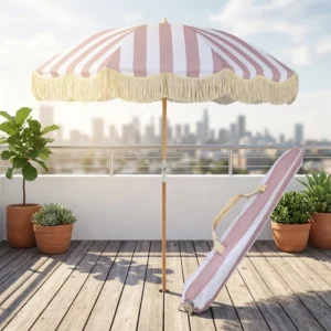 OEM Sun Shade Beach Parasol Tassels Retro Beige Blue Pink Stripe Foldable Swimming Pool Use