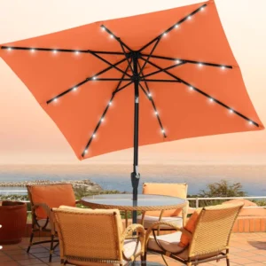 Orange Square Solar LED Patio Umbrella UV Protection Tilt Feature Modern Design Style for Outdoor Furniture for Beaches Hotels