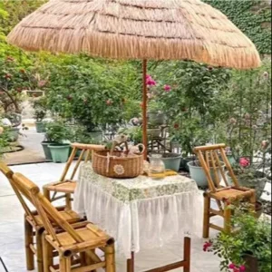 Outdoor 240cm Boho Hula Thatched Tiki Umbrella Portable Hawaiian Folding Straw Raffia Beach Pool Garden Patio Parasol