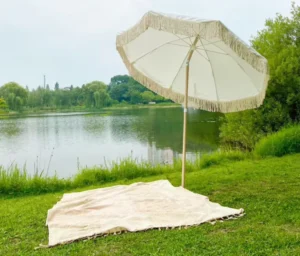 Outdoor 7FT, 7.5FT, and 8FT Real Wooden Cotton Beach Umbrella with Fringe and Tassels