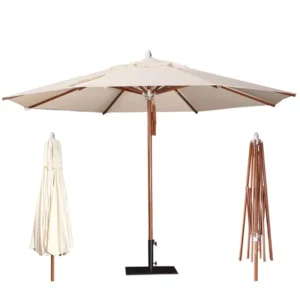 Outdoor 9 ft Square Center Pole Umbrella Wooden Finish Parasol with Stone Base